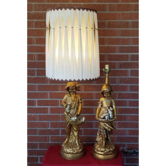 MCM Gold Gilt Chalkware Boy With Kittens Girl With Puppies Lamp Set - Picture 2 of 8